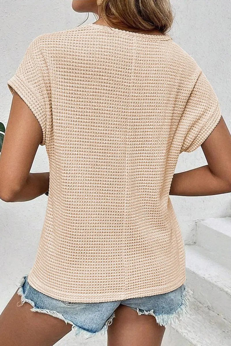 Oatmeal Lace Patchwork Waffle Short Sleeve Top for Women - Love Salve